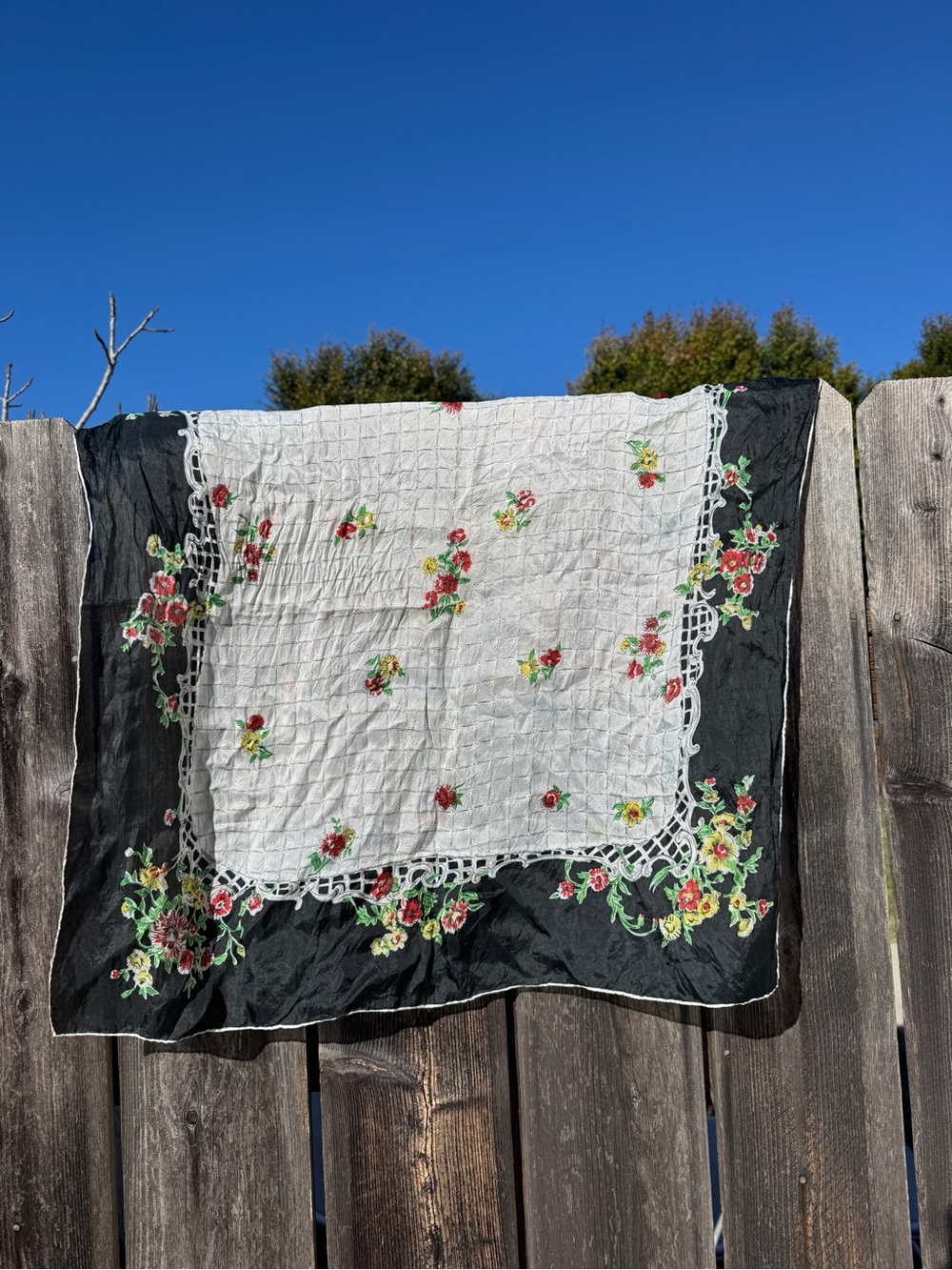 Vintage Floral Embroidered Scarf Wrap - Black & White